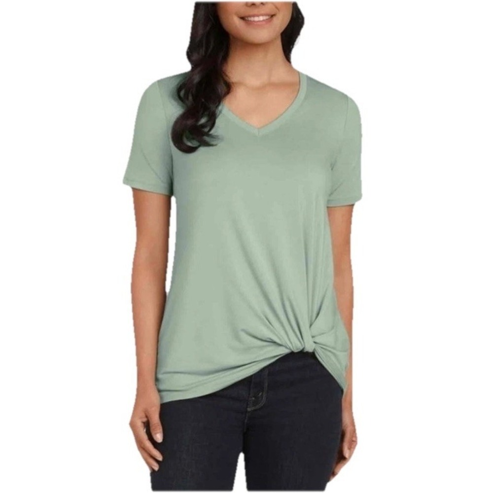 Matty M Womens Top Tee-Shirt Green Twist Knot Rayon Blend V-Neck Size S